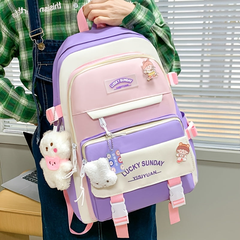 Five-Piece Large Capacity Double Shoulder Bag Women's Fashion Simple Color-Block Casual Backpack (No Pendant, Badge Ladies Travel Bag)